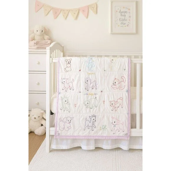 Vintage Baby Quilt Hand Embroidered Animals Pastel Crib Blanket Handmade 36x30 - Picture 1 of 16